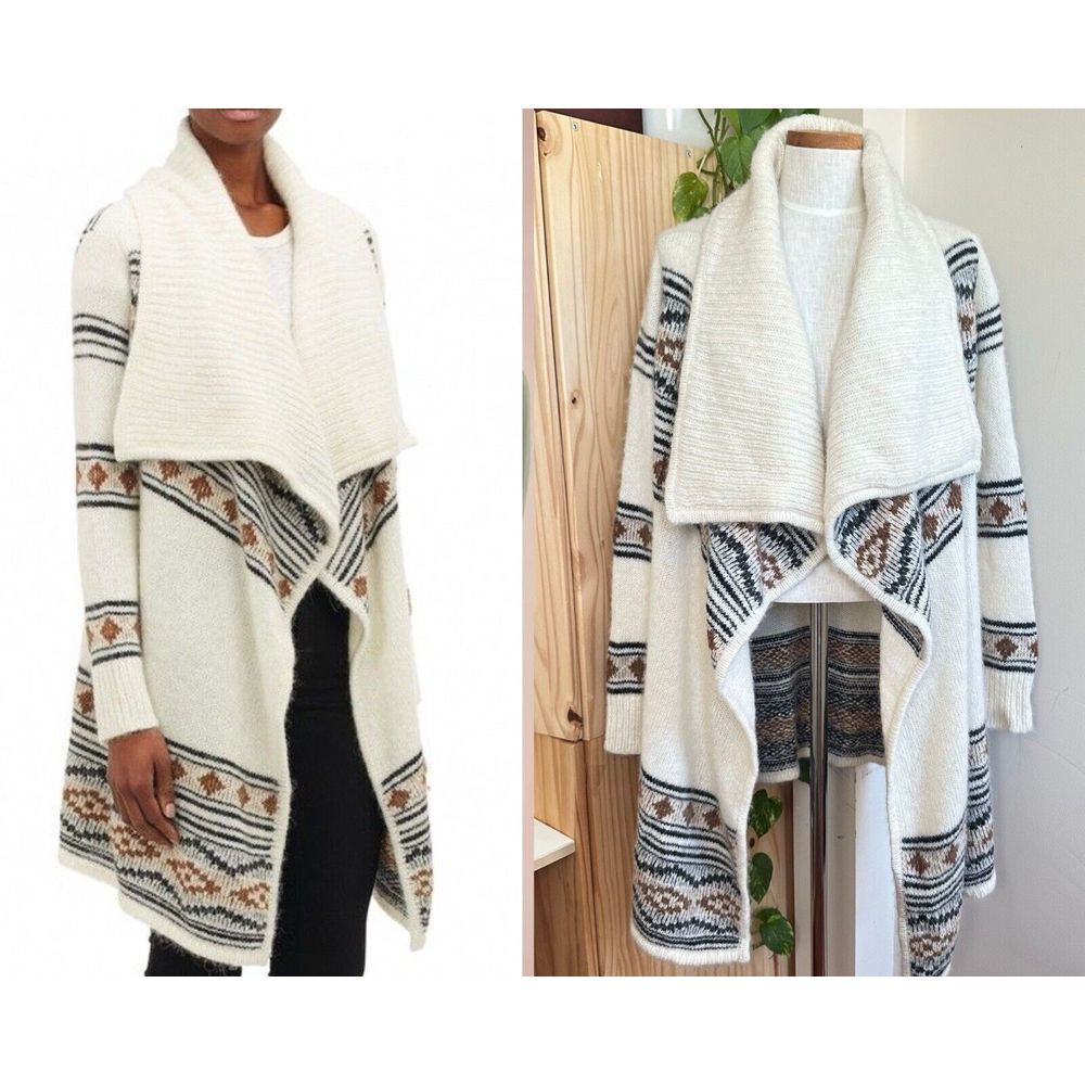 Barneys New York Baby Alpaca Open Front‎ Long Cardigan Sweater Women L Fair Isle